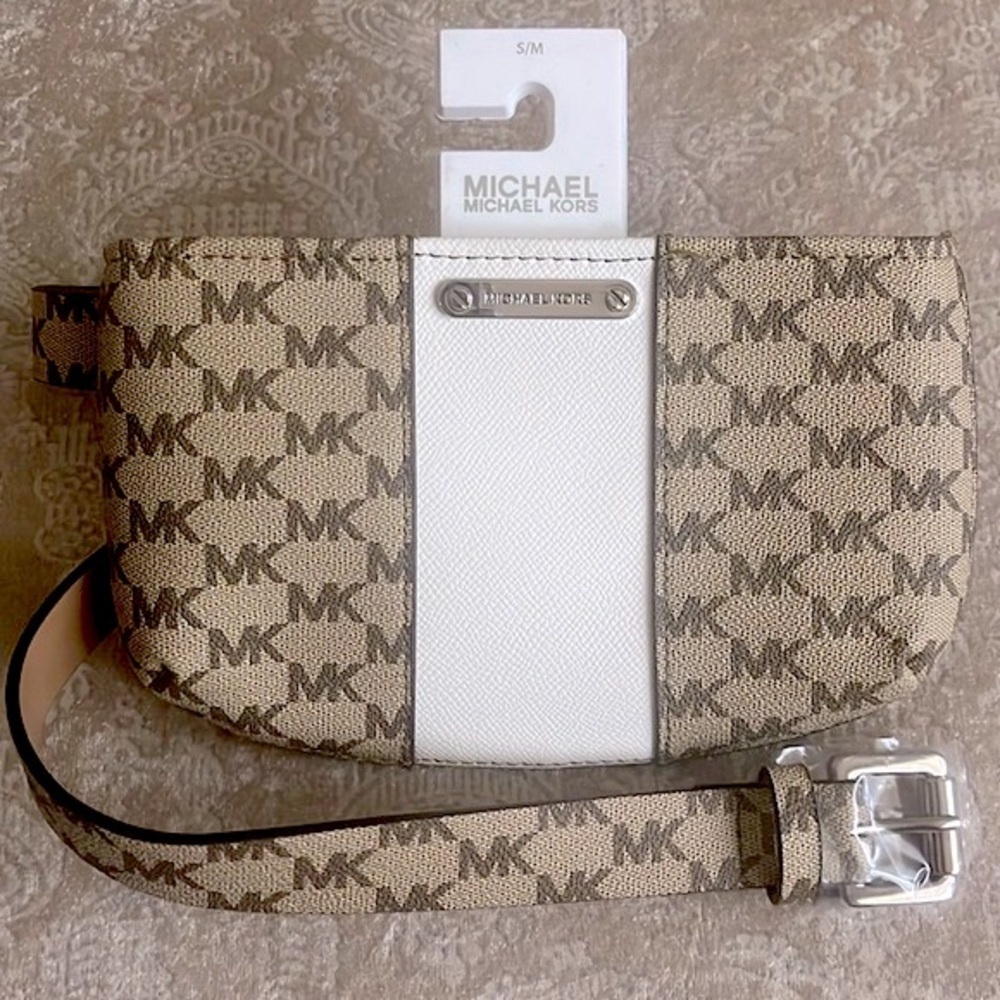 Brand New Michael Kors Zippered Belt Bag Fanny Pack Tan Logo w/ White Stripe